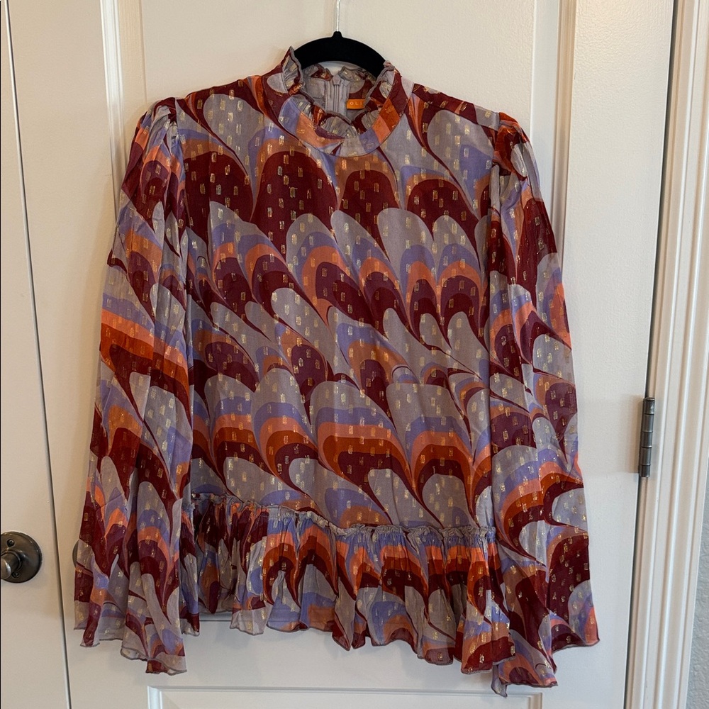 Oliphant Burgundy Multi Ruffle-Trim Long-Sleeve Blouse